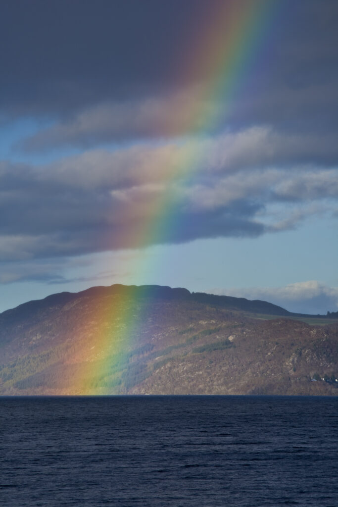 Scotland, Scottish Highlands, Loch Ness. A rainbow over Loch Ness, Great Glen.