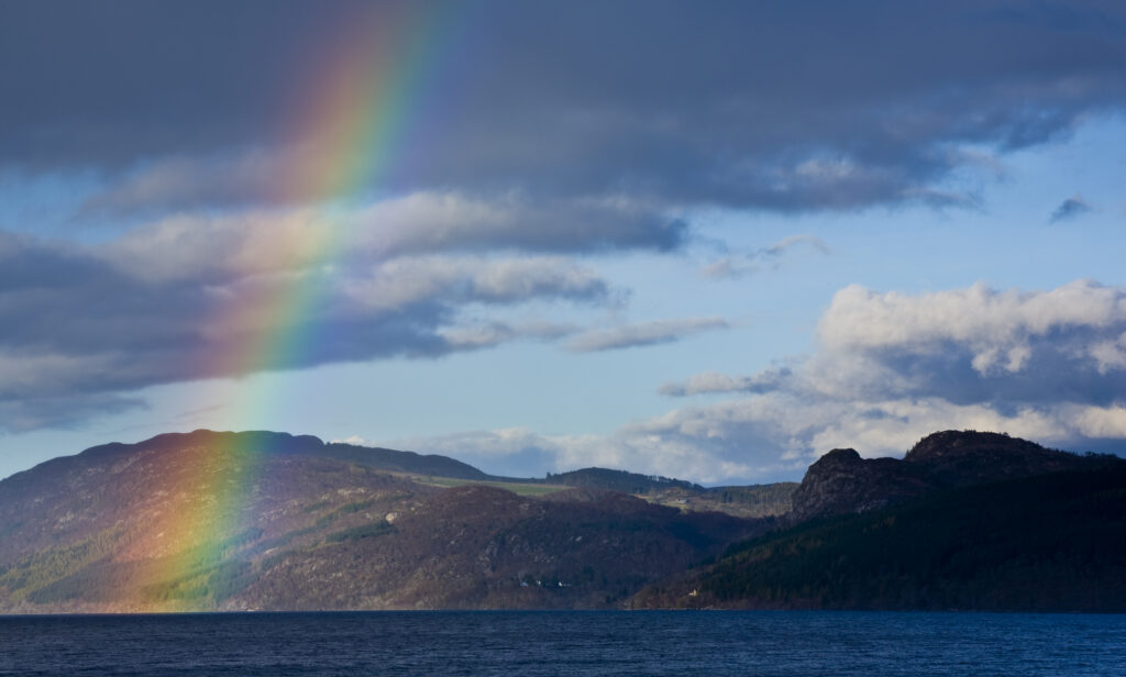 Scotland, Scottish Highlands, Loch Ness. A rainbow over Loch Ness, Great Glen.