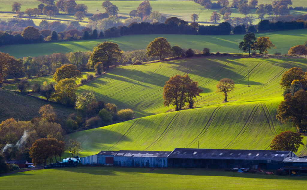 England, Staffordshire / Worcestershire, Kinver Edge. The rolling hills and agricultural land near Kinver viewed from Kinver Edge.