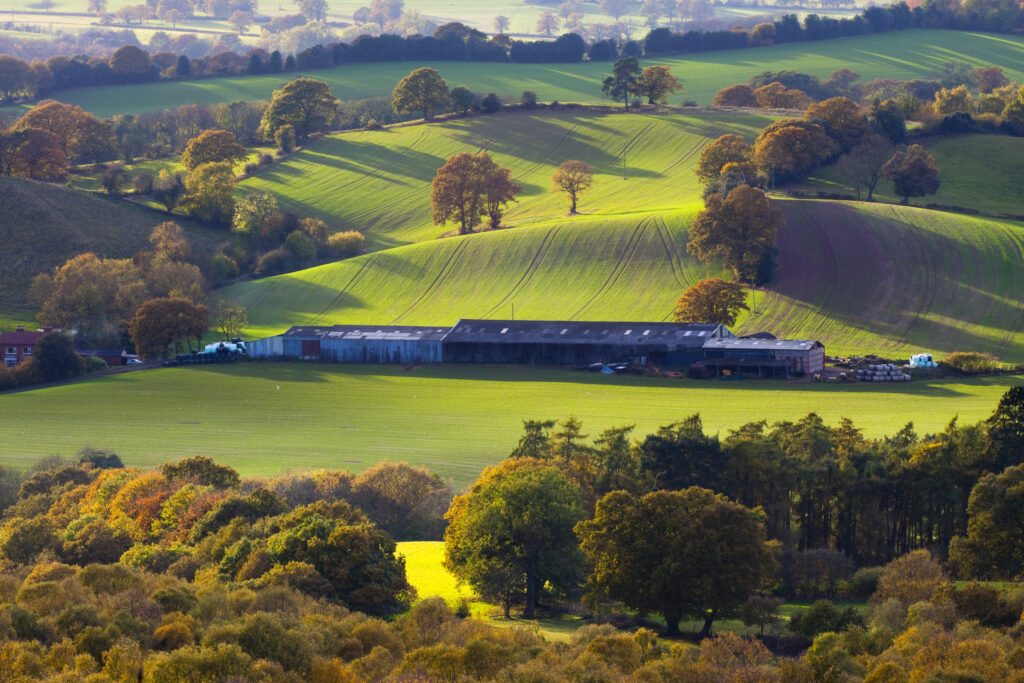 England, Staffordshire / Worcestershire, Kinver Edge. The rolling hills and agricultural land near Kinver viewed from Kinver Edge.