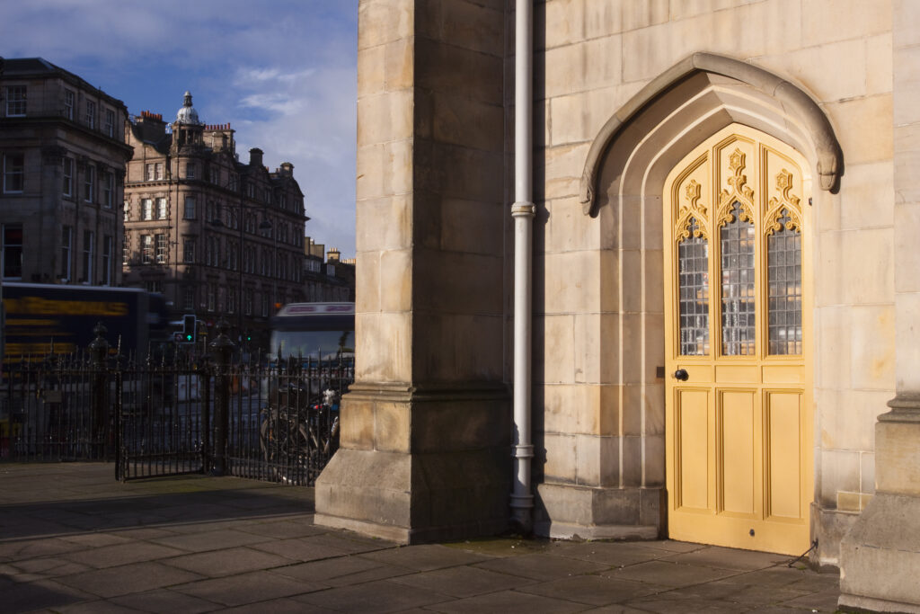 Scotland, Edinburgh, Princes Street. The foundations for the Gothic style Church of St. John the Evangelist were laid in March 1816, with the building finally consecrated in 1818.