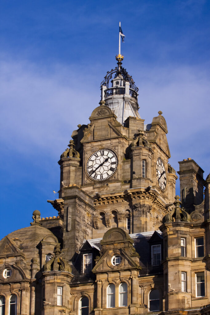 Scotland, Edinburgh, Balmoral Hotel. Balmoral Hotel clock tower, often referred to as the most photographed clock tower in Scotland.