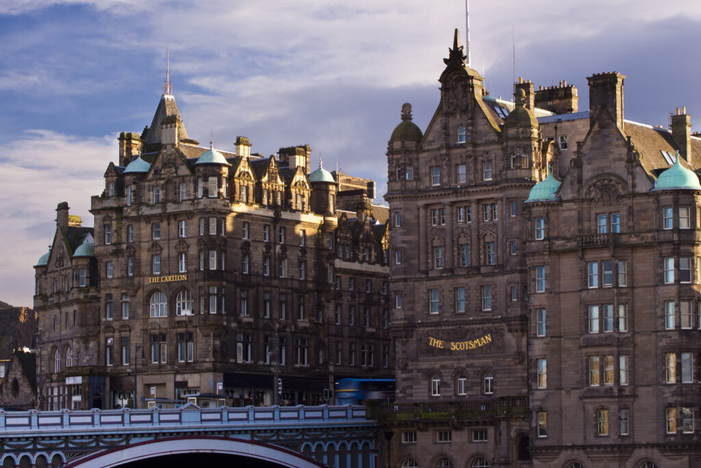 Scotland, Edinburgh, Edinburgh City. The Scotsman Building alongside the North Bridge, linking Princes Street with the Edinburgh Old Town.