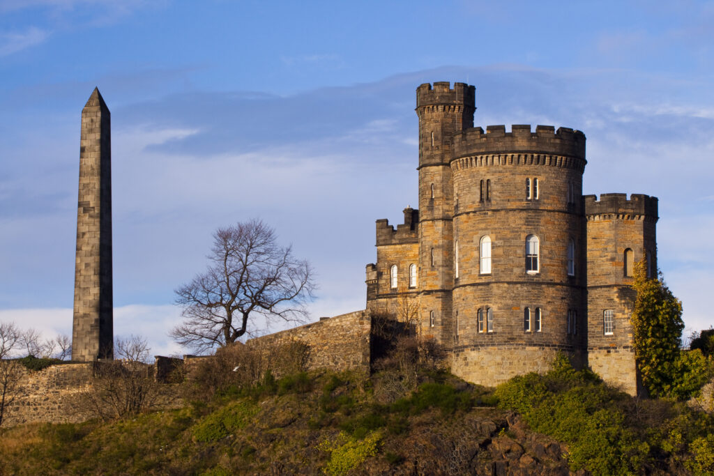 Scotland, Edinburgh, Calton Hill. Thomas Hamilton’s obelisk and Governor’s House located on Calton Hill
