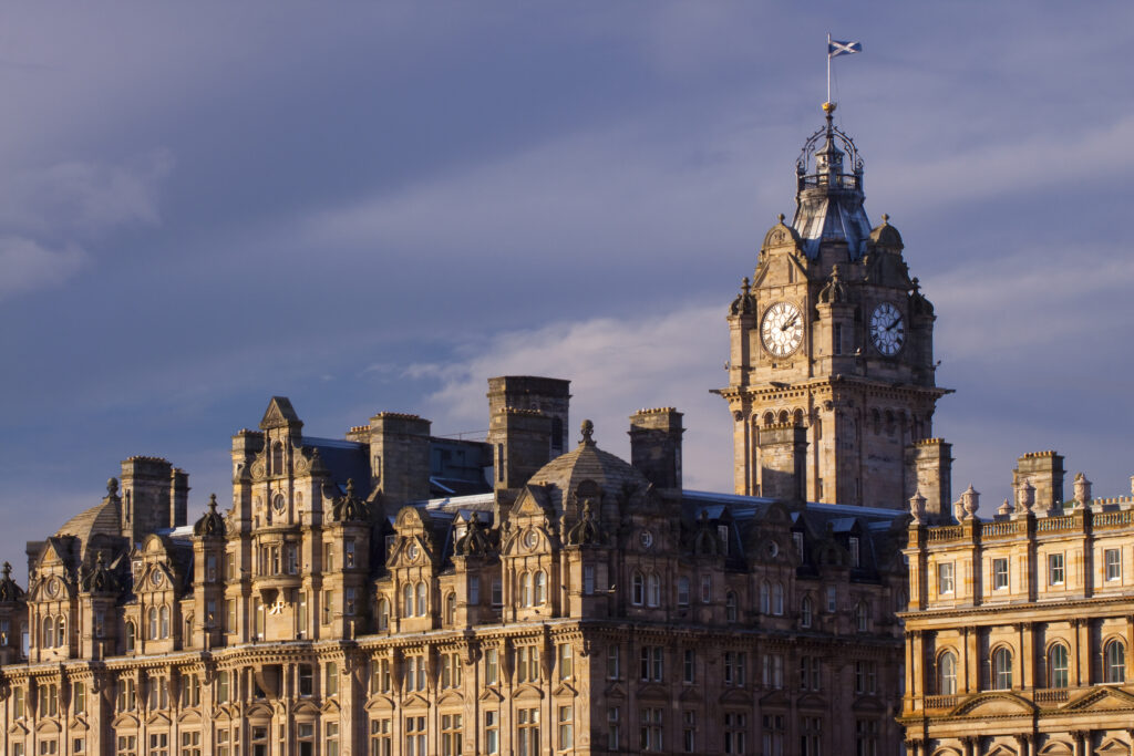 Scotland, Edinburgh, Balmoral Hotel. Balmoral Hotel clock tower, often referred to as the most photographed clock tower in Scotland.