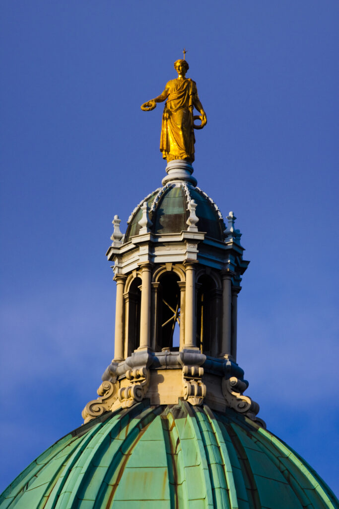 Scotland, Edinburgh, Bank of Scotland. Florentine style central dome on the Royal Bank of Scotland building located on the Mound. Inspired by the 17th century Italian painter and architect, Pietro da Cortona, The dome was topped by a statue of the Greek god, Victory, by sculptor John Rhind.