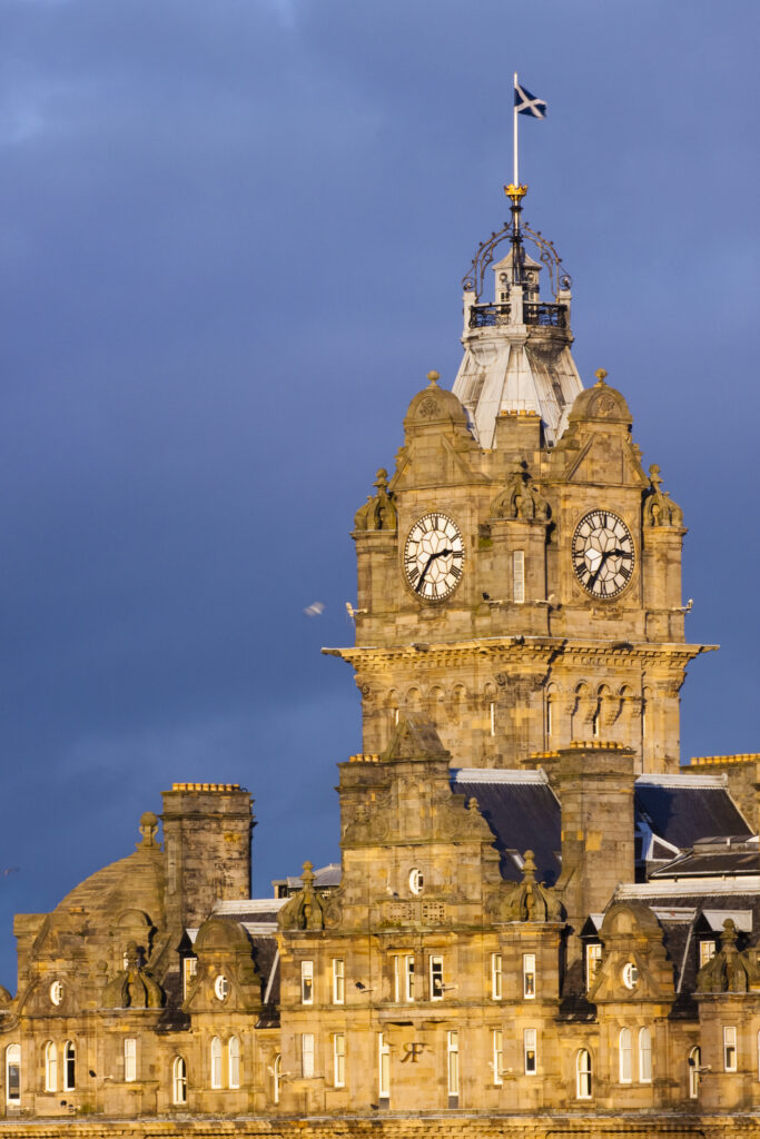 Scotland, Edinburgh, Balmoral Hotel. Balmoral Hotel clock tower, often referred to as the most photographed clock tower in Scotland.