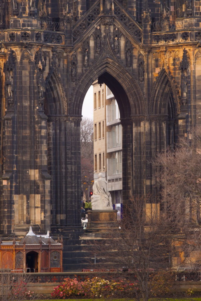 Scotland, Edinburgh, Princes Street. Monument to Sir Walter Scott known simply as 'Scotts Monument' located along the busy Princes Street.