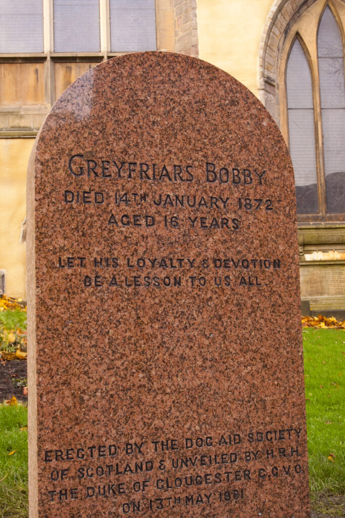 Scotland, Edinburgh, Greyfriars Kirk Graveyard. Grave stone of Greyfriars Bobby, the famous loyal Skye Terrier who lay on the grave of his master John Gray for 14 years after his death in 1858 - Only leaving his grave briefly to find food.