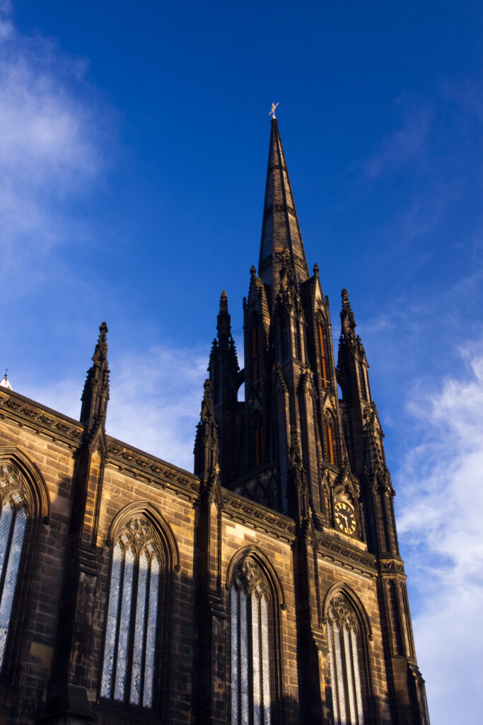 Scotland, Edinburgh, The Royal Mile. The Hub, originally known as the Assembly Hall, a historic landmark of the Royal Mile and a grade A listed building constructed between 1842 and 1845.
