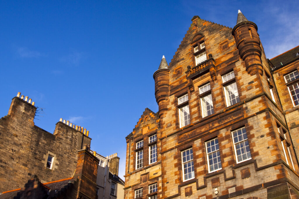 Scotland, Edinburgh, Castle Hill. The grand architecture of Castle Hill School, opened in 1889, located on the south side of Castle Hill.