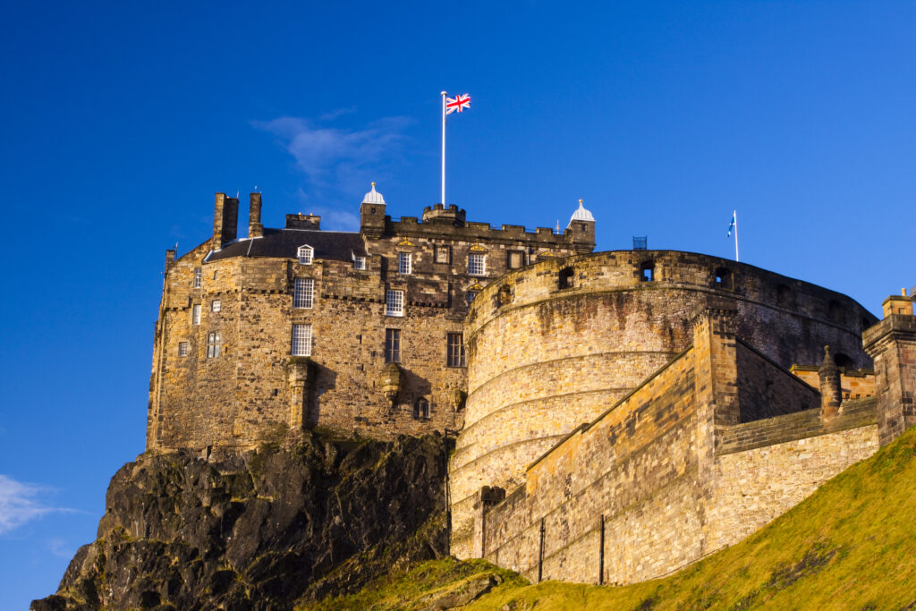 Scotland, Edinburgh, Castle Hill. Edinburgh Castle viewed from the south side of Castle Hill.