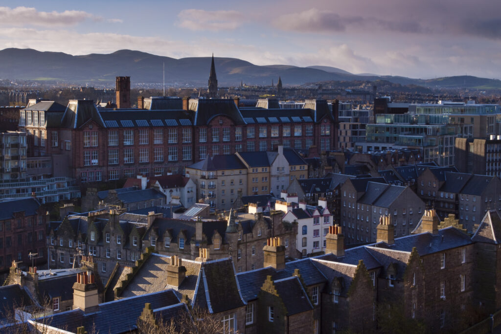 Scotland, Edinburgh, Edinburgh City. Looking south from Castle Hill accross the city towards the Pentland Hills.