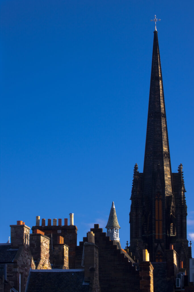 Scotland, Edinburgh, The Royal Mile. The Hub, originally known as the Assembly Hall, a historic landmark of the Royal Mile and a grade A listed building constructed between 1842 and 1845.