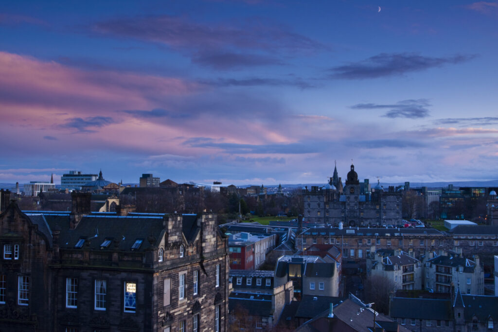 Scotland, Edinburgh, Edinburgh City. Looking towards the George Heriot's School on Lauriston Place in the Old Town, from the Castle Esplanade.