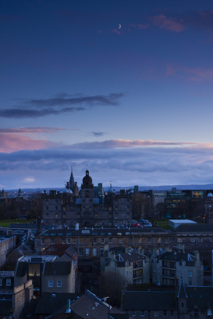 Scotland, Edinburgh, Edinburgh City. Looking towards the George Heriot's School on Lauriston Place in the Old Town, from the Castle Esplanade.