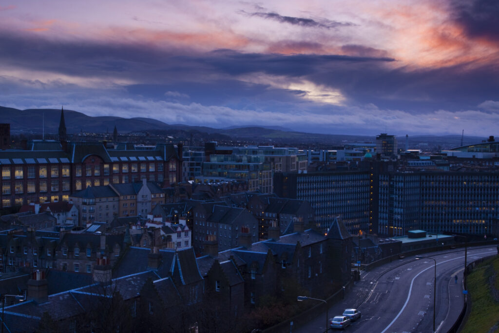 Scotland, Edinburgh, Edinburgh City. Looking south from Castle Hill accross the city towards the Pentland Hills.