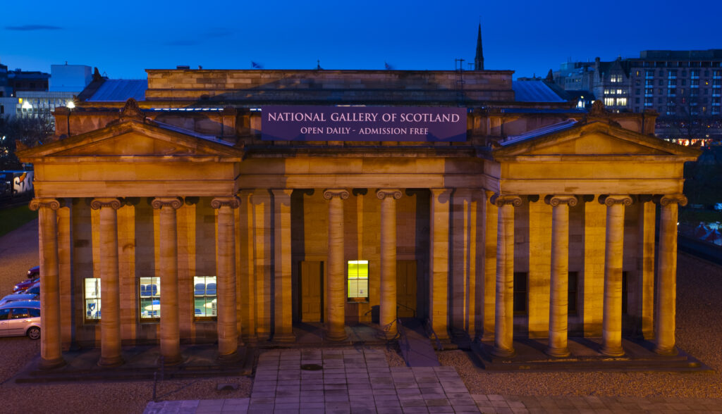 Scotland, Edinburgh, National Gallery of Scotland. The National Gallery of Scotland building viewed at dusk.