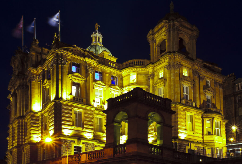 Scotland, Edinburgh, Bank of Scotland. A prominent feature of the Edinburgh skyline, the Bank of Scotland head office on The Mound. Construction of this impressive building was completed in 1806.