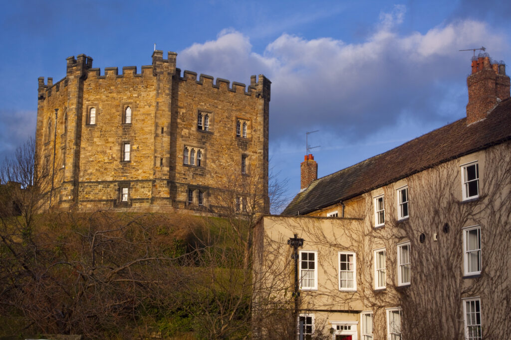 England, County Durham, Durham City. Durham Castle Keep and neighbouring house.