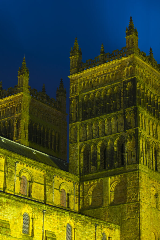 England, County Durham, Durham City. Detail of the towers of Durham Cathedral.