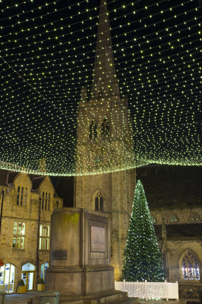 England, County Durham, Durham City. Christmas Tree in the Market Place of Durham City.