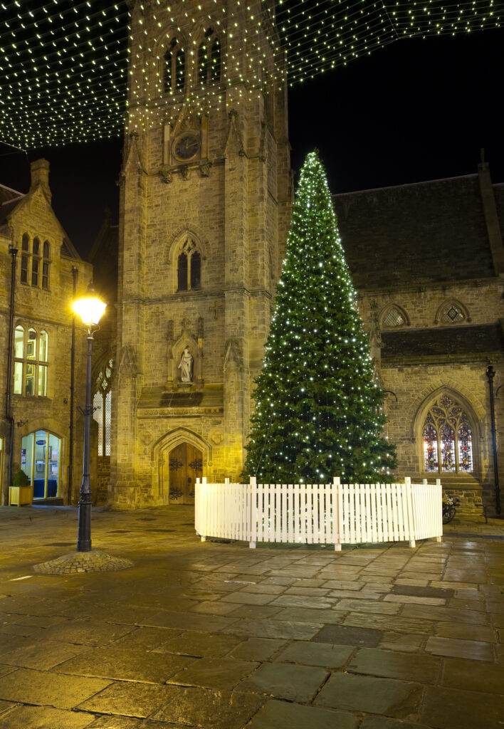 England, County Durham, Durham City. Christmas Tree in the Market Place of Durham City.