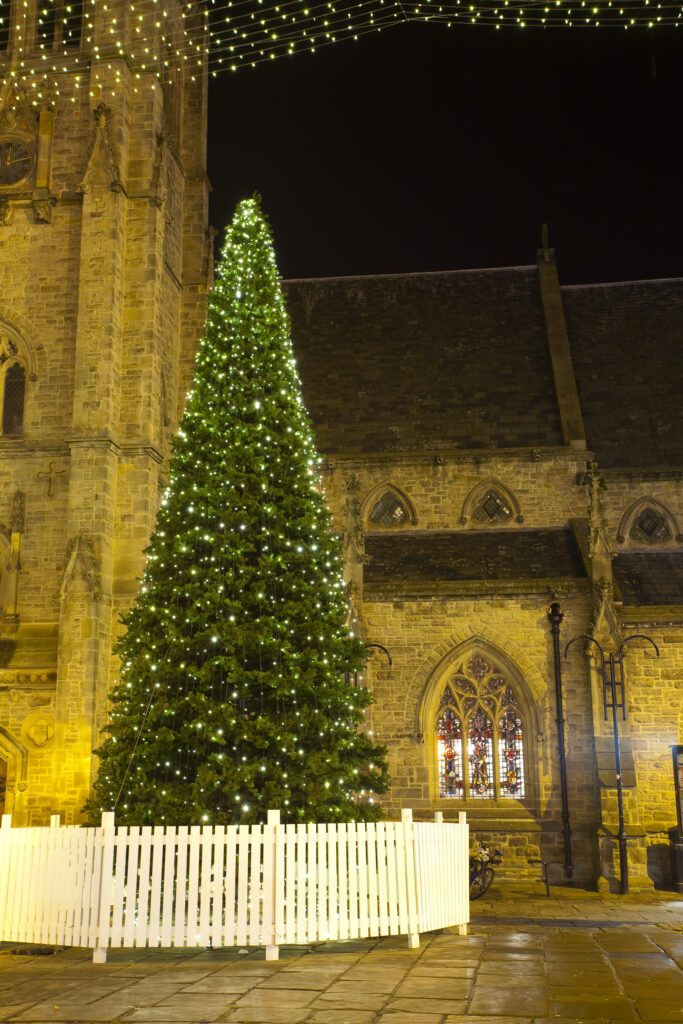 England, County Durham, Durham City. Christmas Tree in the Market Place of Durham City.
