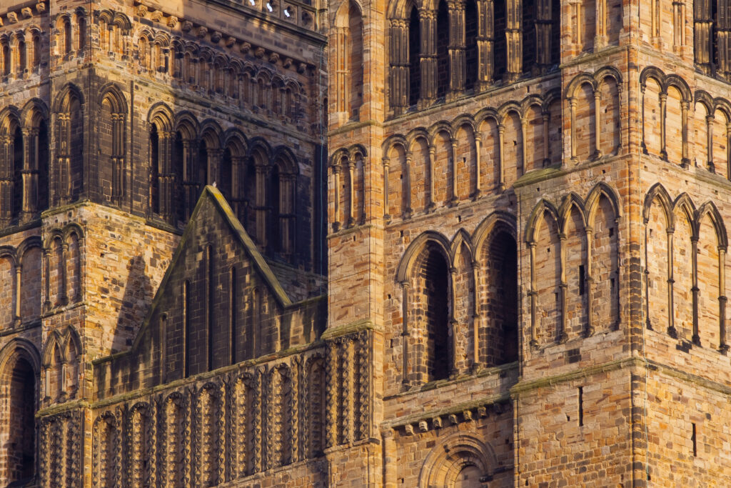 England, County Durham, Durham City. Detail of the towers of Durham Cathedral.