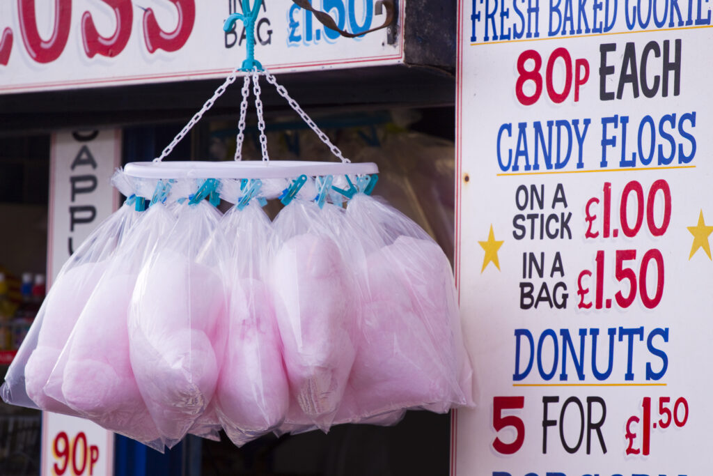 England, Lancashire, Blackpool. Stall selling Candy Floss on the Blackpool Golden Mile.