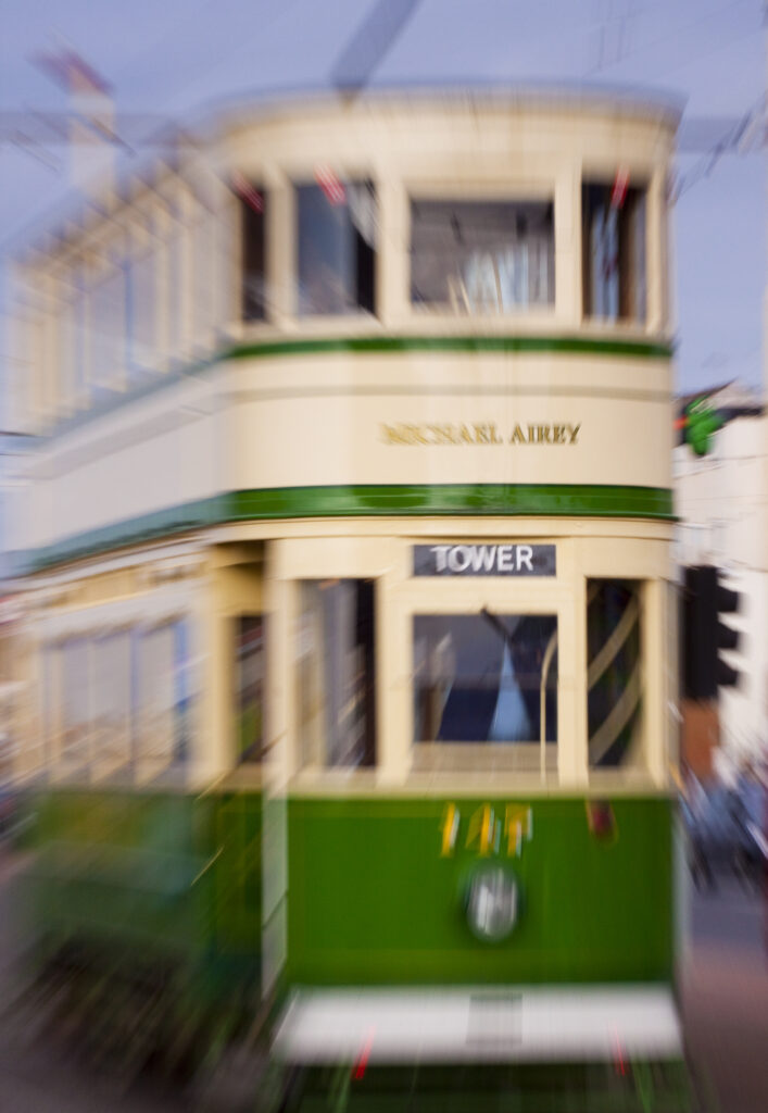 England, Lancashire, Blackpool. Preserved Blackpool 'Standard Double Decker' Tram - No 147 (Michael Airey) heading to the tower.