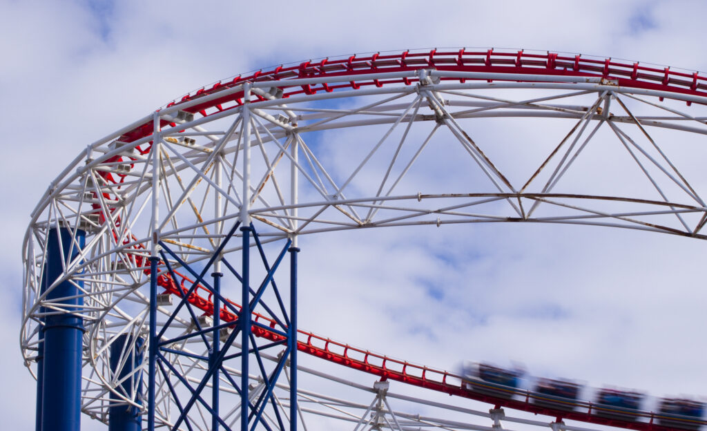 England, Lancashire, Blackpool. The 'Pepsi Max Big One' roller coaster, located at the Blackpool Pleasure Beach Theme Park.