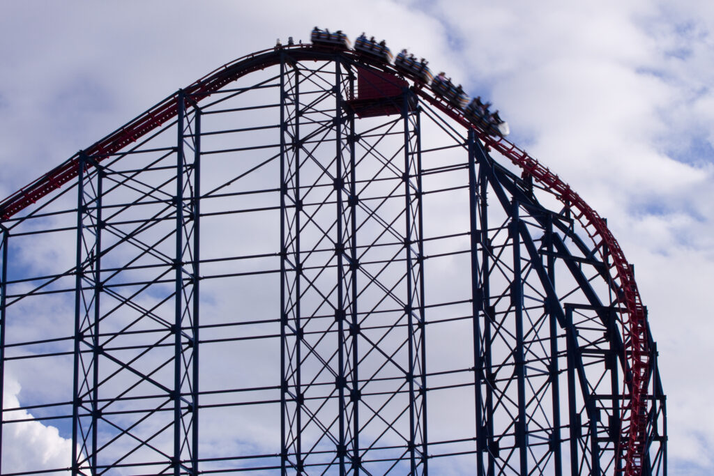 England, Lancashire, Blackpool. The 'Pepsi Max Big One' roller coaster, located at the Blackpool Pleasure Beach Theme Park.