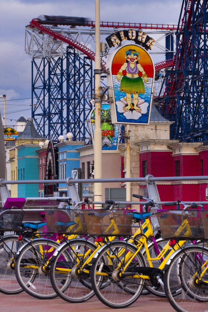 England, Lancashire, Blackpool. Blackpool's bike hire scheme (Bike for all) is modelled on the popular Parisian scheme which allows residents and tourists to hire bikes from automated stands located across the town.
