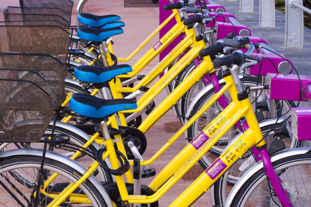 England, Lancashire, Blackpool. Blackpool's bike hire scheme (Bike for all) is modelled on the popular Parisian scheme which allows residents and tourists to hire bikes from automated stands located across the town.