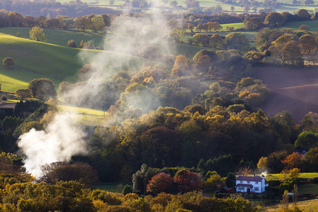 England, Staffordshire / Worcestershire, Kinver Edge. Smoke pollutes the countryside near Kinver - Viewed from Kinver Edge.