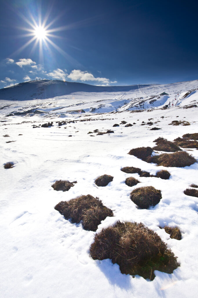 Scotland, Perthshire, Glenshee. Winter scene looking towards the snow covered slopes of the Glenshee Ski Area and ski lifts.