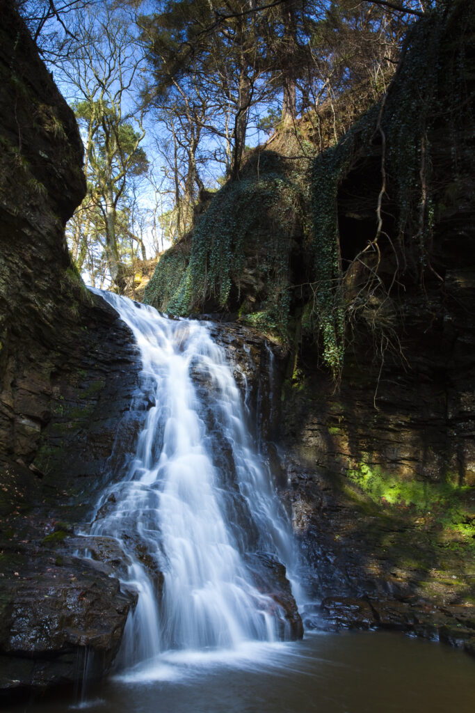 England, Northumberland, Hareshaw Linn. Hareshaw Linn is a spectacular waterfall located in a steep sided gorge, which continues to flow through a wooded valley. Hareshaw Linn is located near Bellingham within the Northumberland National Park.
