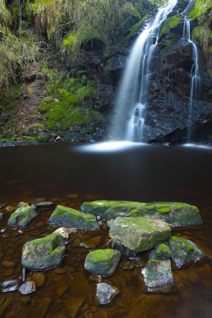 England, Northumberland, Hindhope Linn. Hindhope Linn, a cascade along the Blakehope Burn in the Kielder Forest Park near Blakehopeburnhaugh. Hindhope Linn is located near Bryness Vilage within the Northumberland National Park.