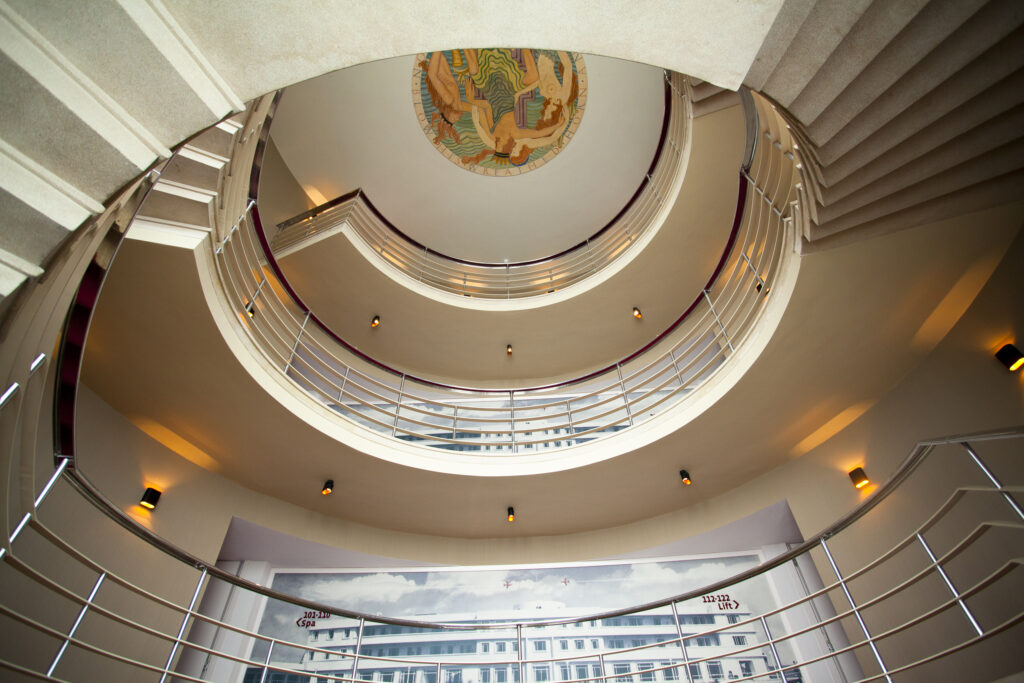 England, Lancashire, Morecambe. Spiral staircase in the recently refurbished Art Decor style Midland Hotel.