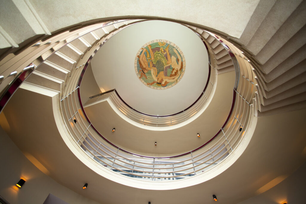 England, Lancashire, Morecambe. Spiral staircase in the recently refurbished Art Decor style Midland Hotel.