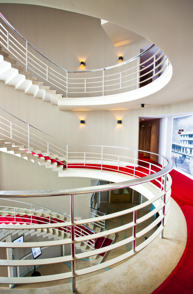 England, Lancashire, Morecambe. Spiral staircase in the recently refurbished Art Decor style Midland Hotel.