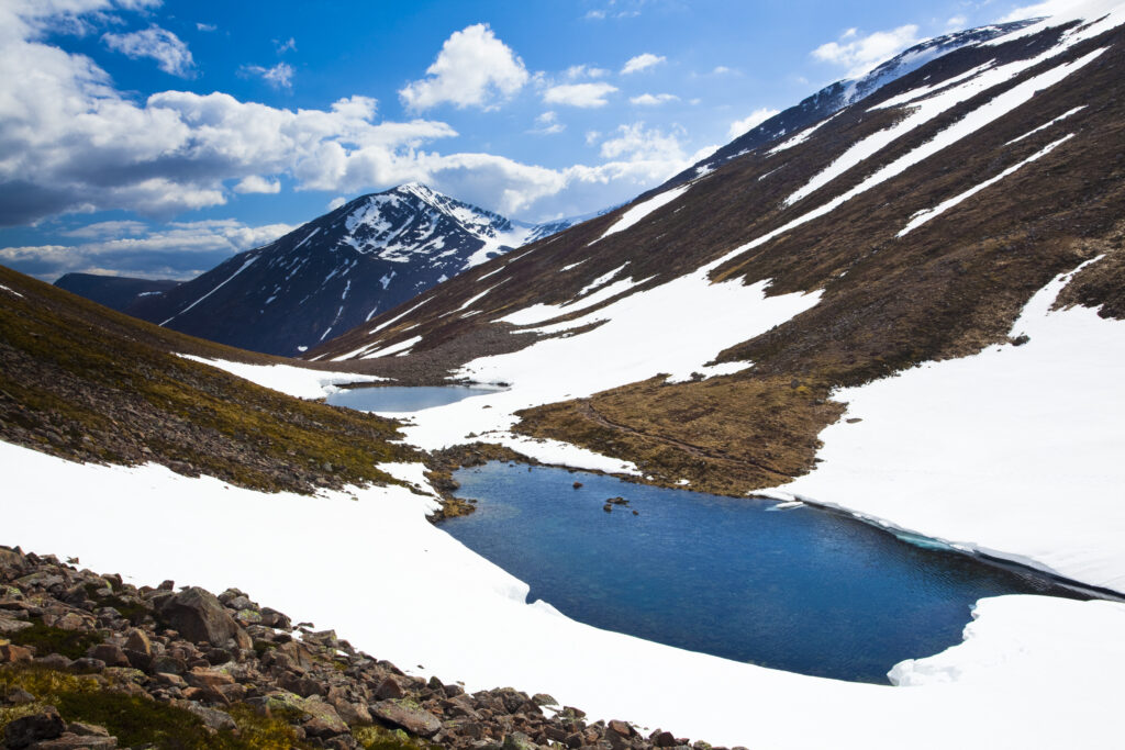 Scotland, Scottish Highlands, Cairngorms National Park. View from the Pools of Dee Southwards down the Lairig Ghru looking towards Cairn Toul and the Devils Point