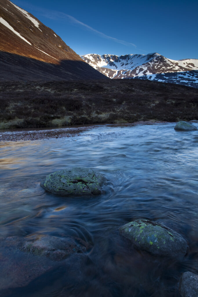 Scotland, Scottish Highlands, Cairngorms National Park. The River Dee and Cairn Toul, on the southern side of the Lairig Ghru.