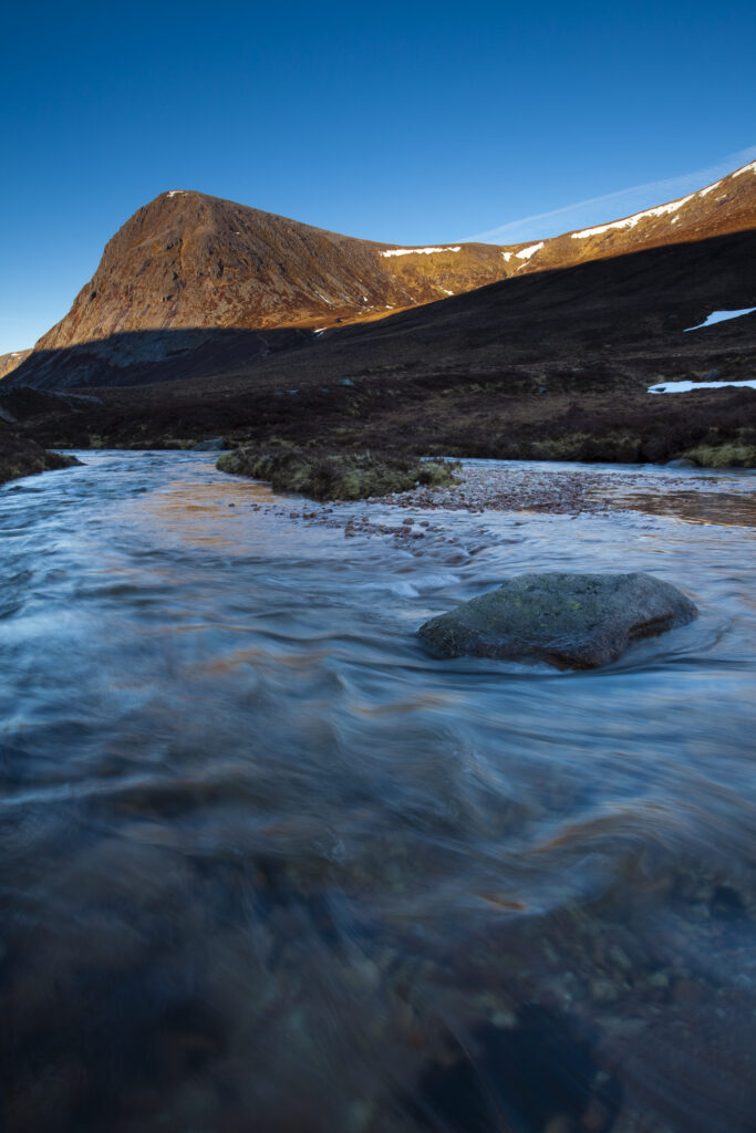 Scotland, Scottish Highlands, Cairngorms National Park. The Devil's Point and the River Dee, on the south side of the Lairig Ghru.