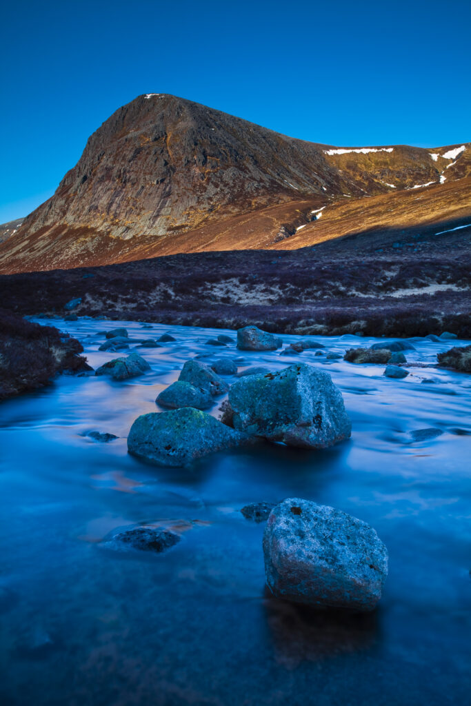 Scotland, Scottish Highlands, Cairngorms National Park. The Devil's Point and the River Dee, on the south side of the Lairig Ghru.