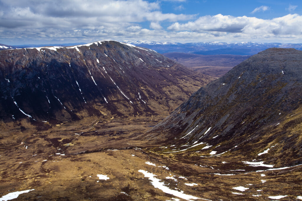 Scotland, Scottish Highlands, Cairngorms National Park. Looking down on the River Dee and the Lairig Ghru from Coire Odhar.
