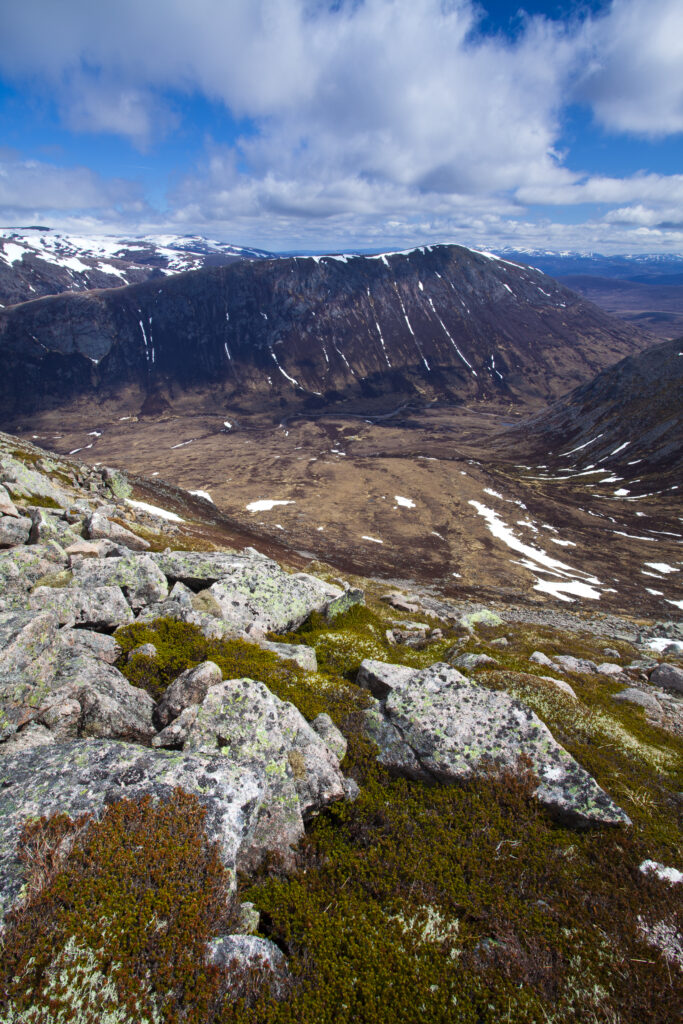 Scotland, Scottish Highlands, Cairngorms National Park. Looking down on the River Dee and the Lairig Ghru from Coire Odhar.