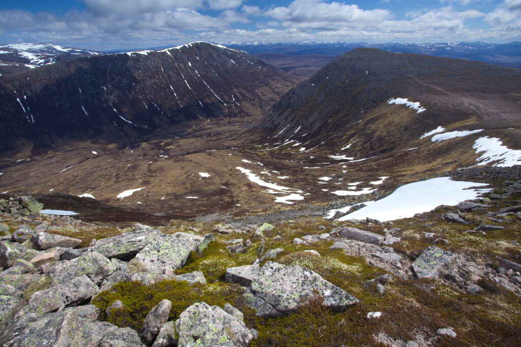 Scotland, Scottish Highlands, Cairngorms National Park. Looking down on the River Dee and the Lairig Ghru from Coire Odhar.