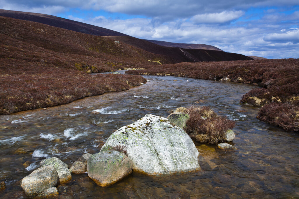 Scotland, Scottish Highlands, Cairngorms National Park. River running through the heather clad hills of Gleann Eanaich.